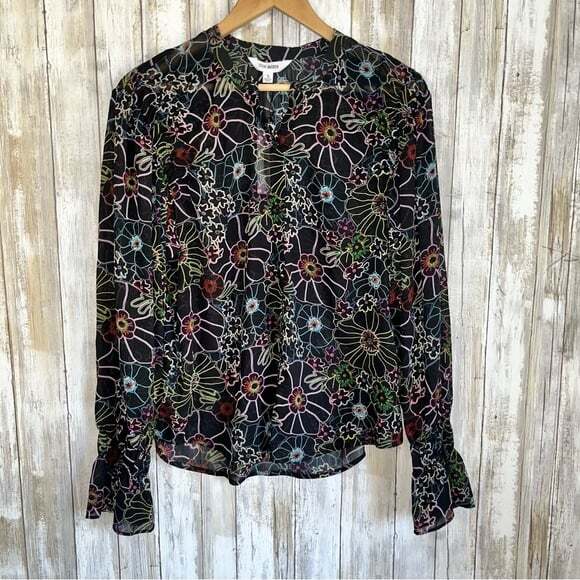 NWT Steve Madden Cameila Black Sheer Floral Button Blouse - Picture 2 of 6